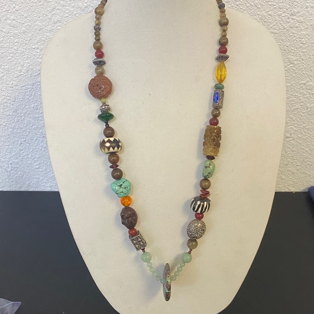 Artisan Beaded Necklace semi precious stones 30” with Earthy Tones - Picture 1 of 7